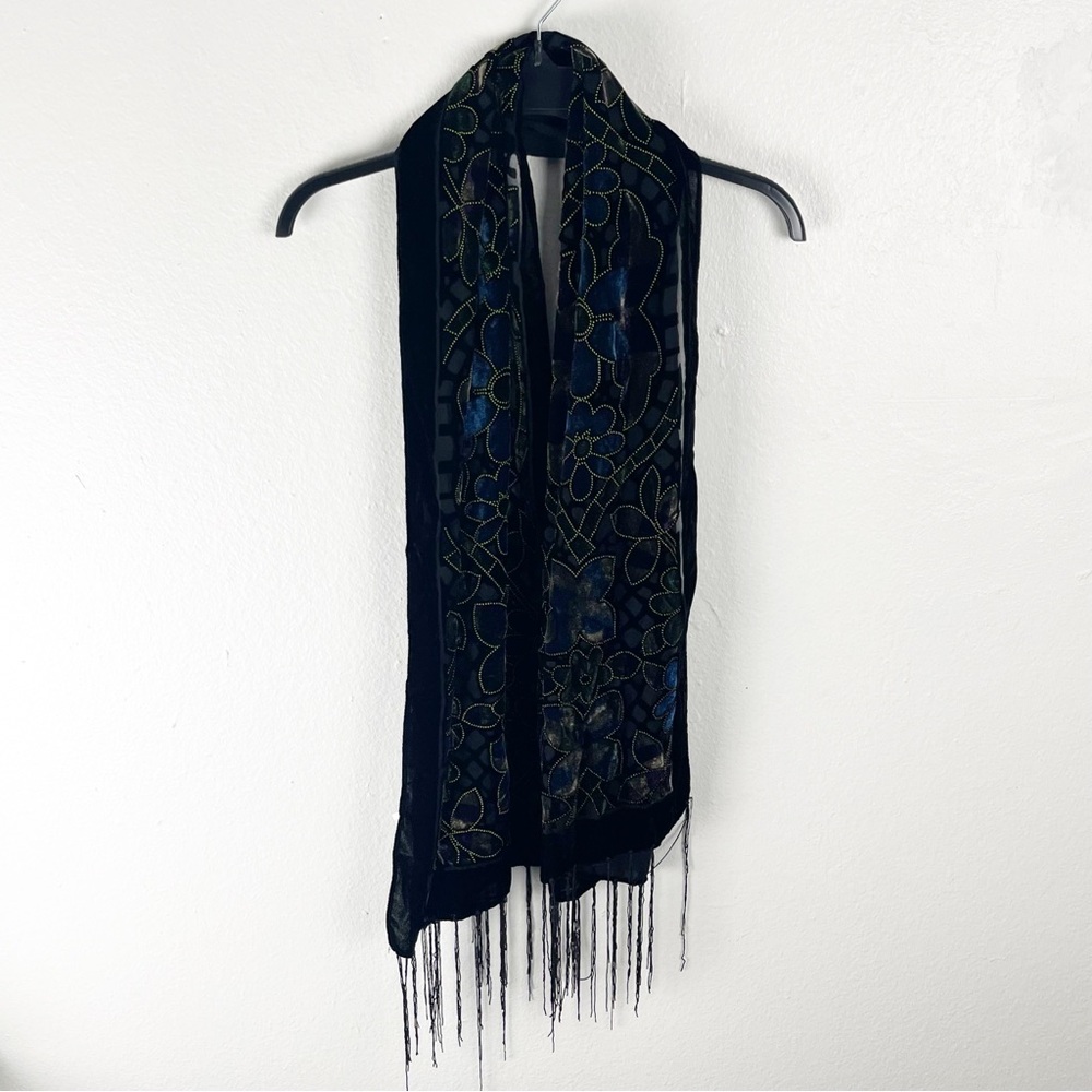 Soft Silk Blend Floral Velour Velvet Fringe Trim Scarf  One Size
